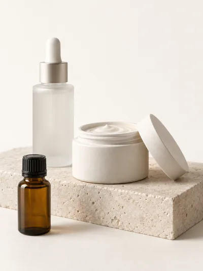 Unlabelled skincare bottles and a ceramic jar on a stone plinth