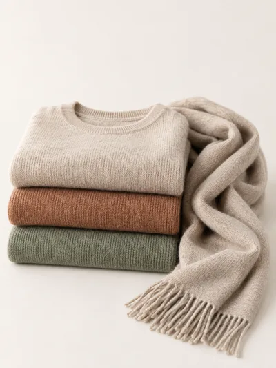 A folded stack of knitwear beside a fringed scarf