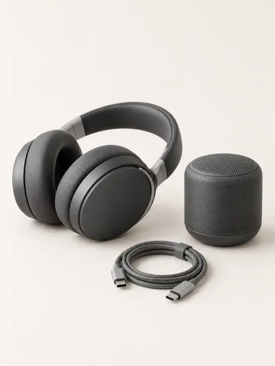 Headphones, a compact speaker and a braided cable