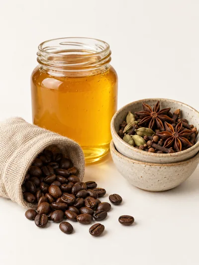 A jar of honey, a sack of coffee beans and bowls of spices