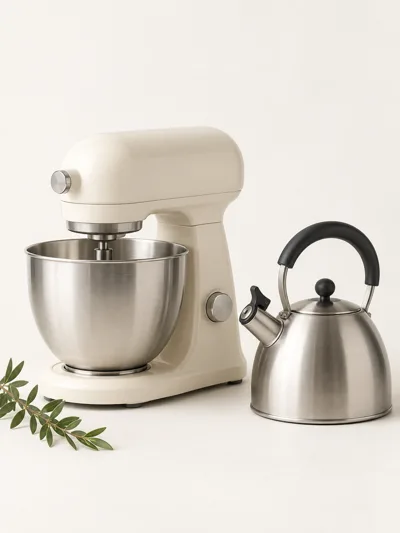 A cream stand mixer beside a stovetop kettle
