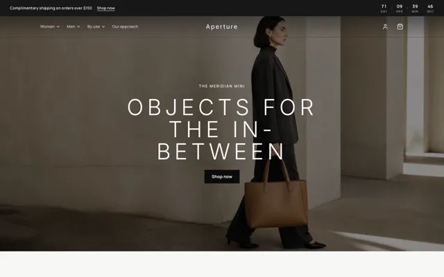 The Aperture example storefront: a full-bleed photographic home page