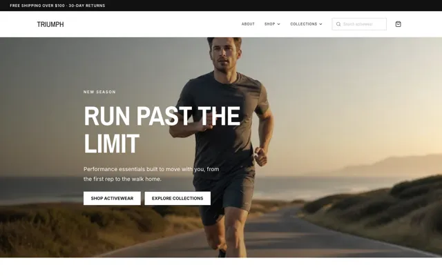 The TRIUMPH example storefront: an activewear home page with a wide hero image