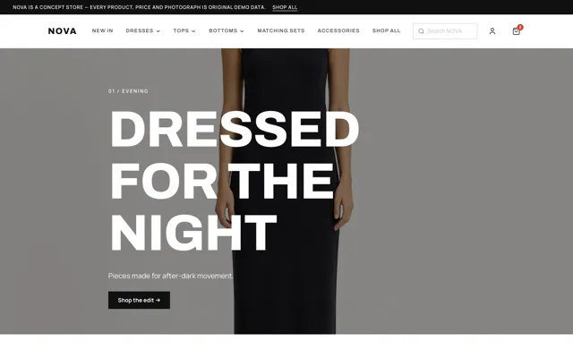 The NOVA example storefront: an oversized typographic home page